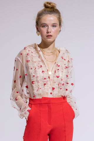 Nude Embroidered Tulle Shirt